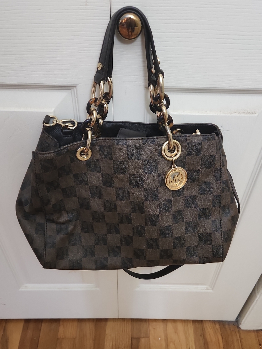 Michael Kors Brown Checkered Shoulder Bag with Gold Accents